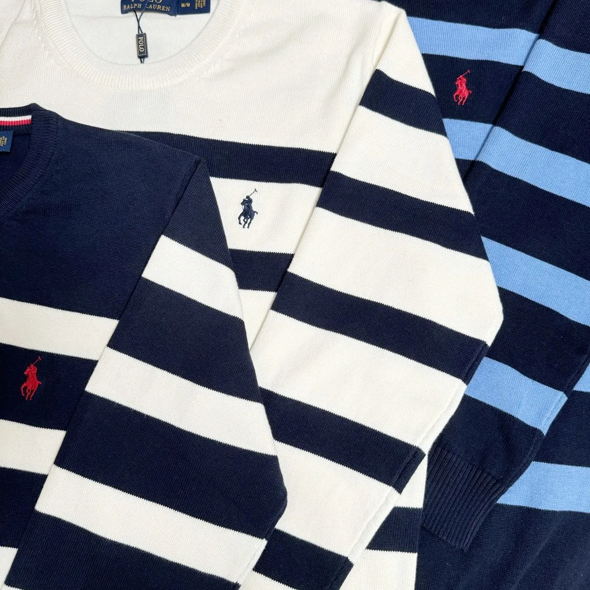 P200 M201#Ralph Lauren pony embroidered striped crew neck sweater Color: royal blue/white stripes, white/royal blue stripes, royal blue/color blue stripes Size: M-XXL